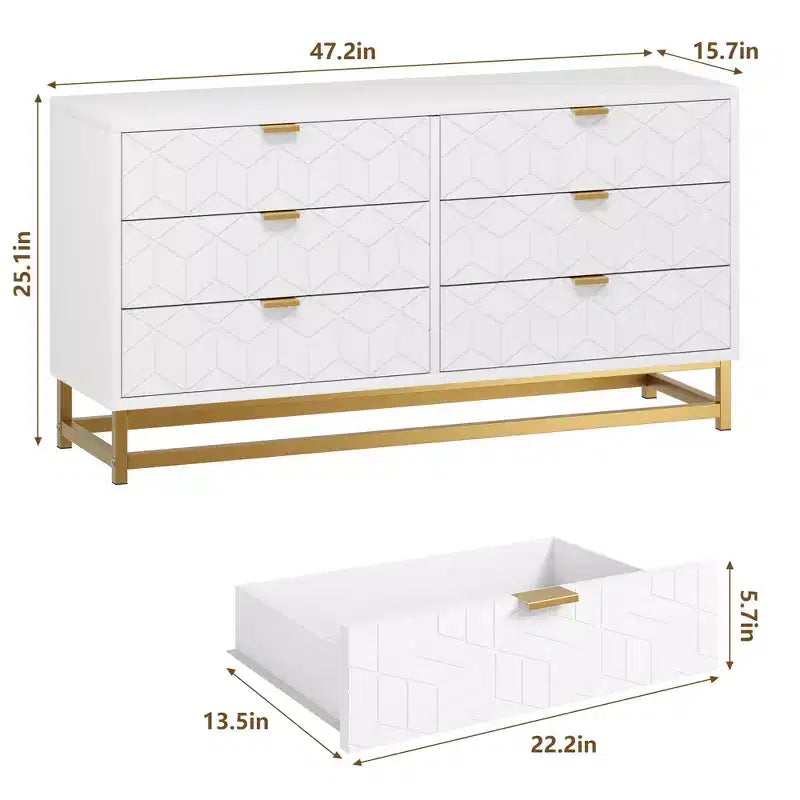 Commode à 6 tiroirs pour chambre à coucher, 136 cm de large, poignées et pieds en métal doré, blanc