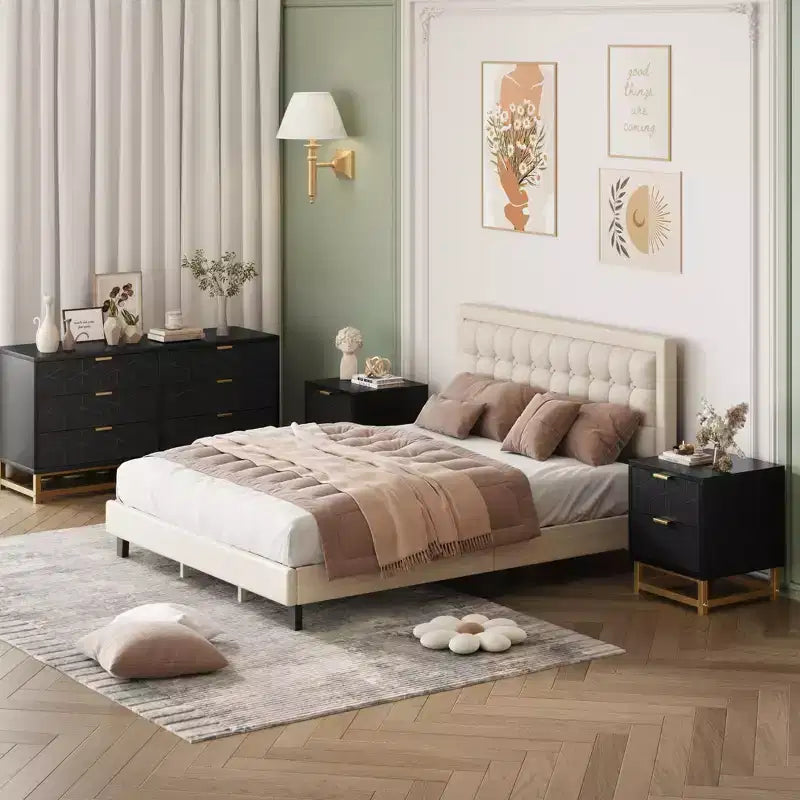 Commode à 6 tiroirs pour chambre à coucher, 136 cm de large, poignées et pieds en métal doré, blanc