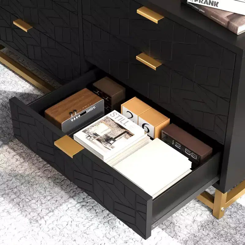 Commode à 6 tiroirs pour chambre à coucher, 136 cm de large, poignées et pieds en métal doré, blanc