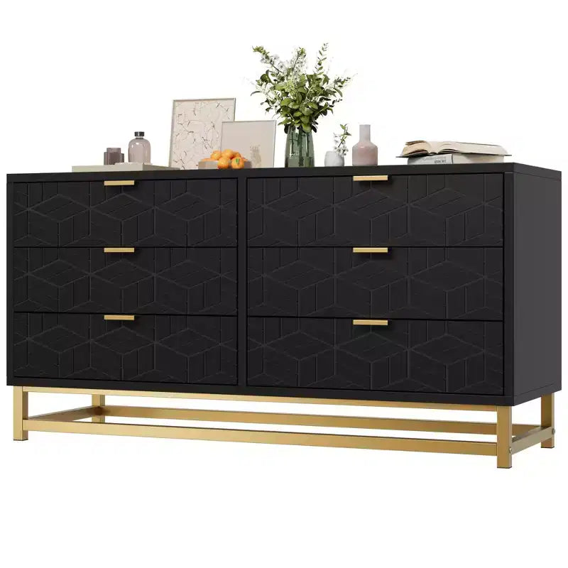 Commode à 6 tiroirs pour chambre à coucher, 136 cm de large, poignées et pieds en métal doré, blanc