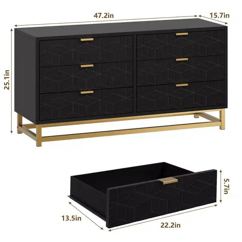 Commode à 6 tiroirs pour chambre à coucher, 136 cm de large, poignées et pieds en métal doré, blanc