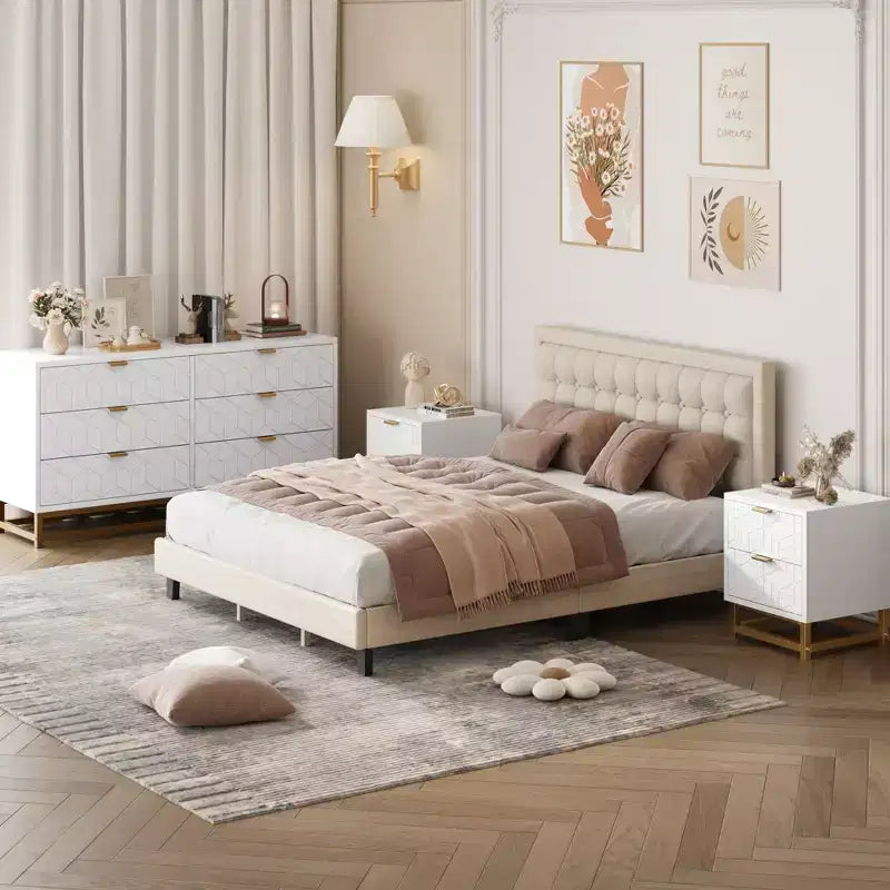 Commode à 6 tiroirs pour chambre à coucher, 136 cm de large, poignées et pieds en métal doré, blanc