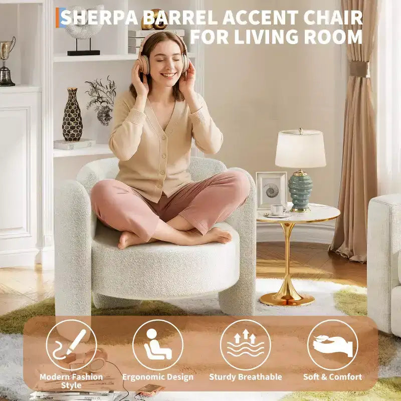 Fauteuil d'appoint baril surdimensionné en chenille, fauteuil rond du milieu du siècle avec dossier ouvert, canapé simple