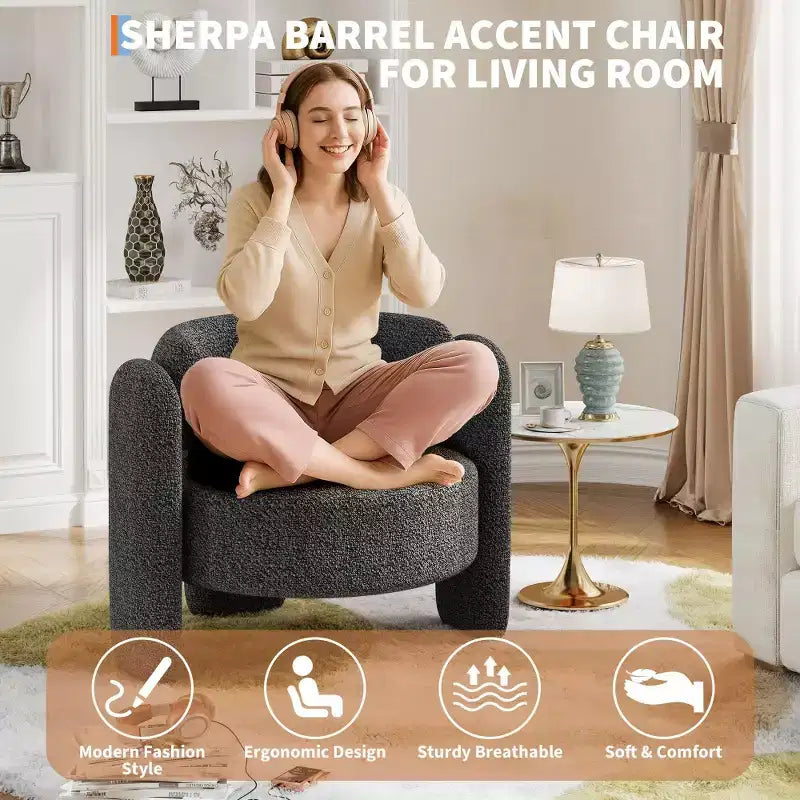 Fauteuil d'appoint baril surdimensionné en chenille, fauteuil rond du milieu du siècle avec dossier ouvert, canapé simple
