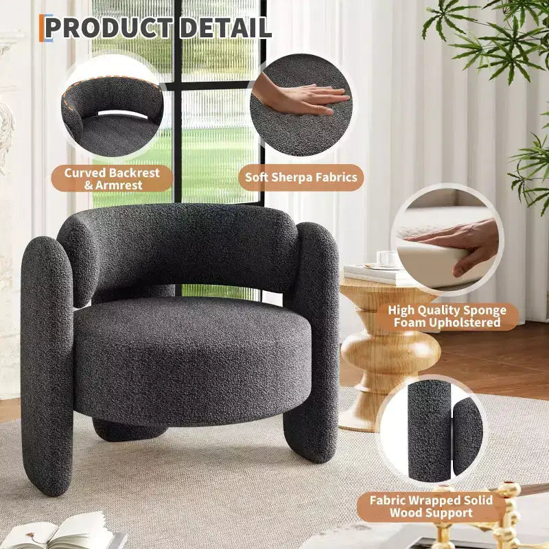 Fauteuil d'appoint baril surdimensionné en chenille, fauteuil rond du milieu du siècle avec dossier ouvert, canapé simple