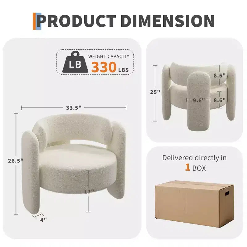 Fauteuil d'appoint baril surdimensionné en chenille, fauteuil rond du milieu du siècle avec dossier ouvert, canapé simple