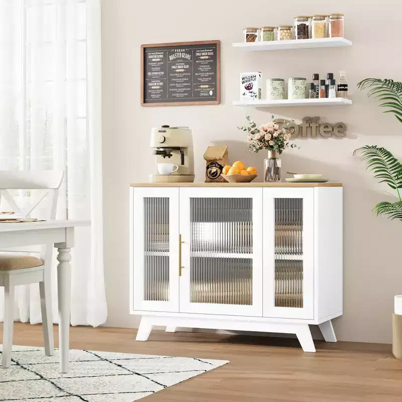 Buffet de bar à café moderne de 36 po avec portes en verre cannelé et étagères réglables