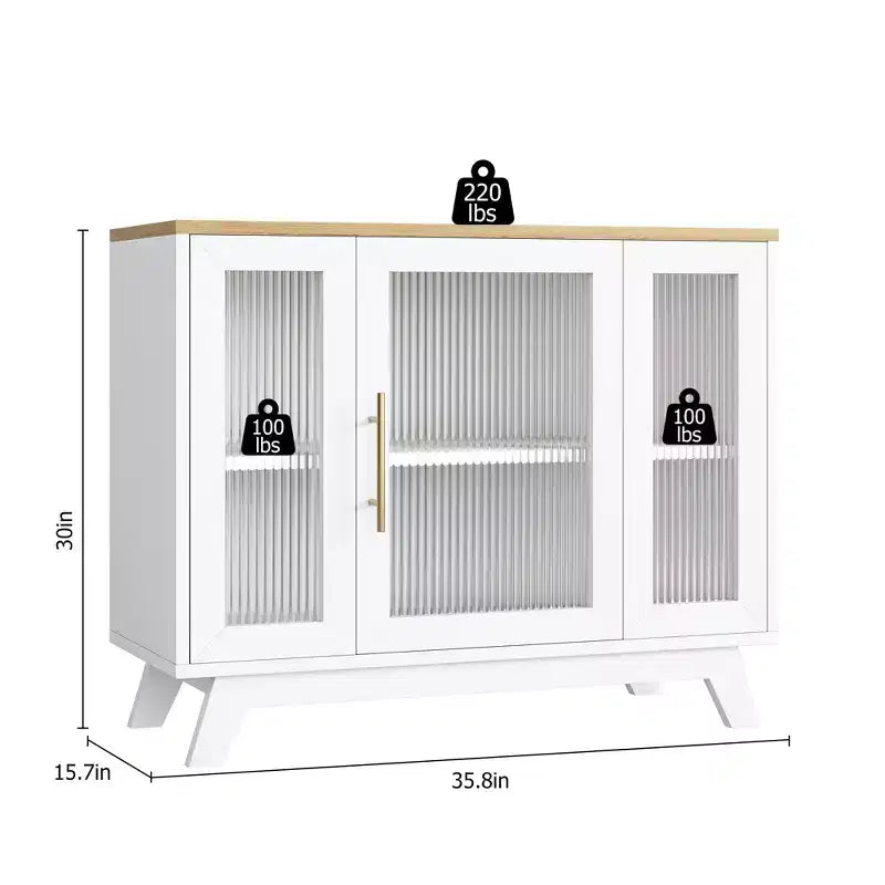 Buffet de bar à café moderne de 36 po avec portes en verre cannelé et étagères réglables