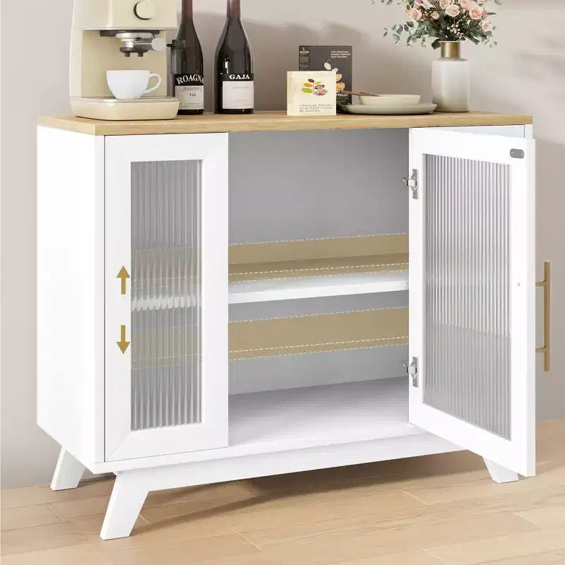 Buffet de bar à café moderne de 36 po avec portes en verre cannelé et étagères réglables