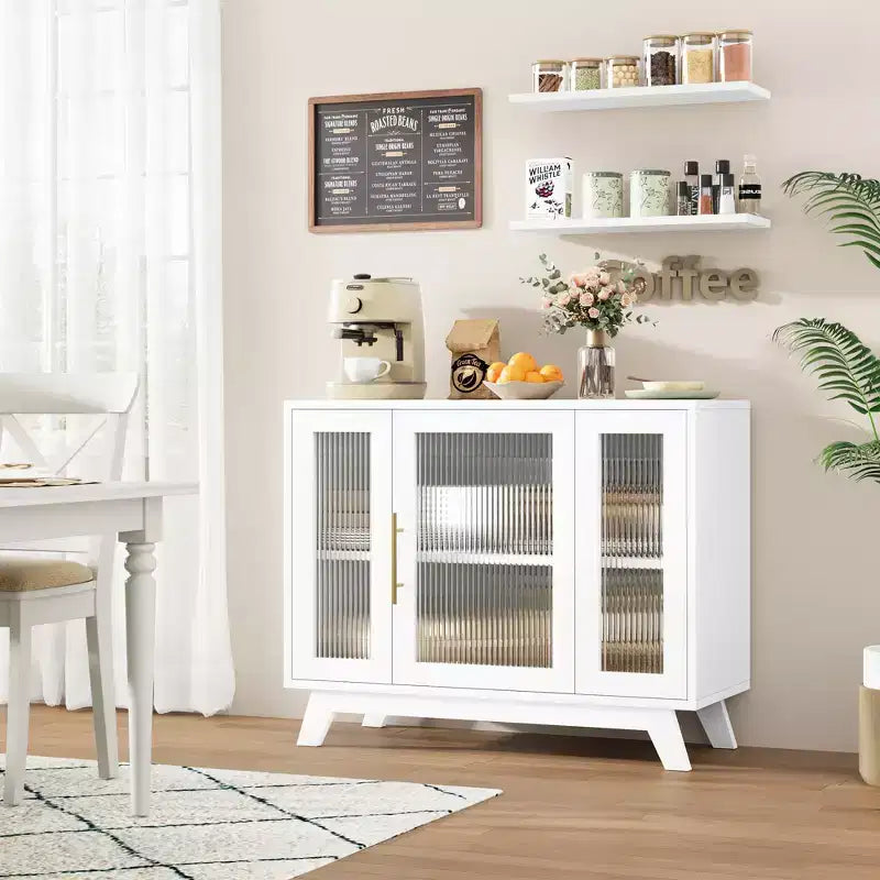 Buffet de bar à café moderne de 36 po avec portes en verre cannelé et étagères réglables