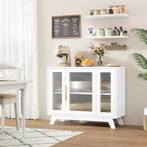 Buffet de bar à café moderne de 36 po avec portes en verre cannelé et étagères réglables