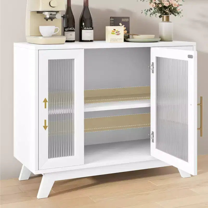 Buffet de bar à café moderne de 36 po avec portes en verre cannelé et étagères réglables