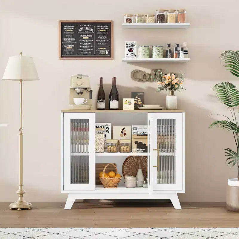 Buffet de bar à café moderne de 36 po avec portes en verre cannelé et étagères réglables