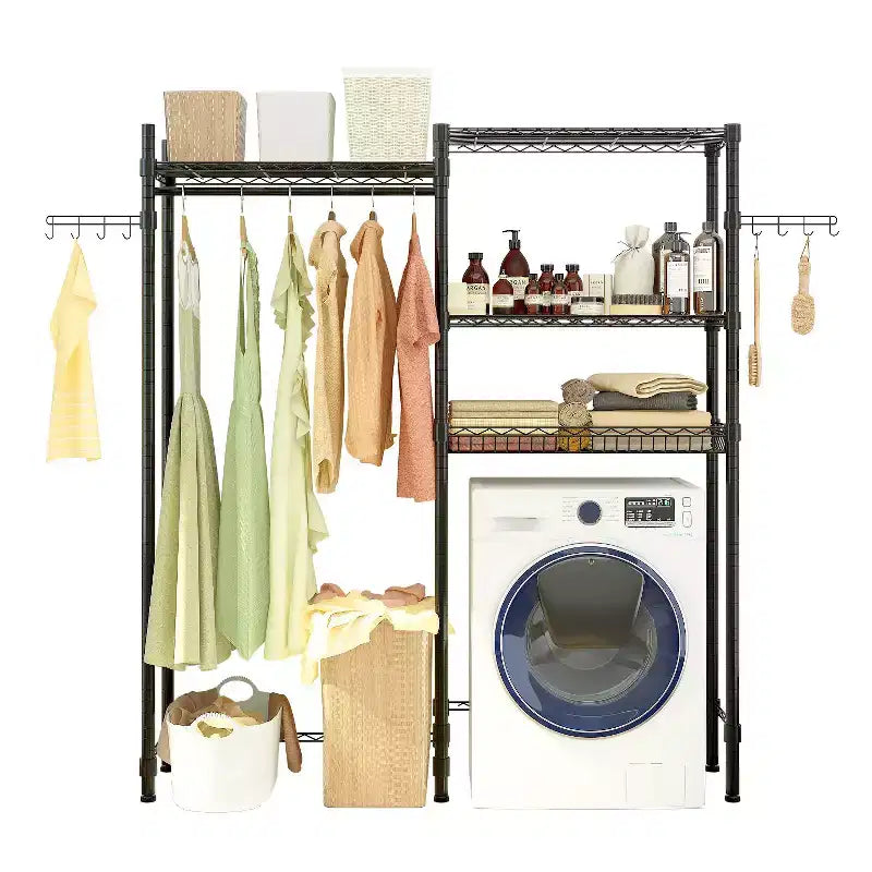 Penderie ouverte Karl Home en fer noir avec double tringle et paniers grillagés 145 x 35 x 195 cm