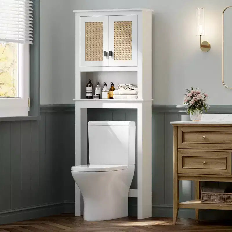 Meuble de rangement pour toilettes, organiseur de salle de bain de style ferme au-dessus des toilettes, meuble de rangement pour toilettes en bois autoportant avec étagère réglable, pour salle de bain