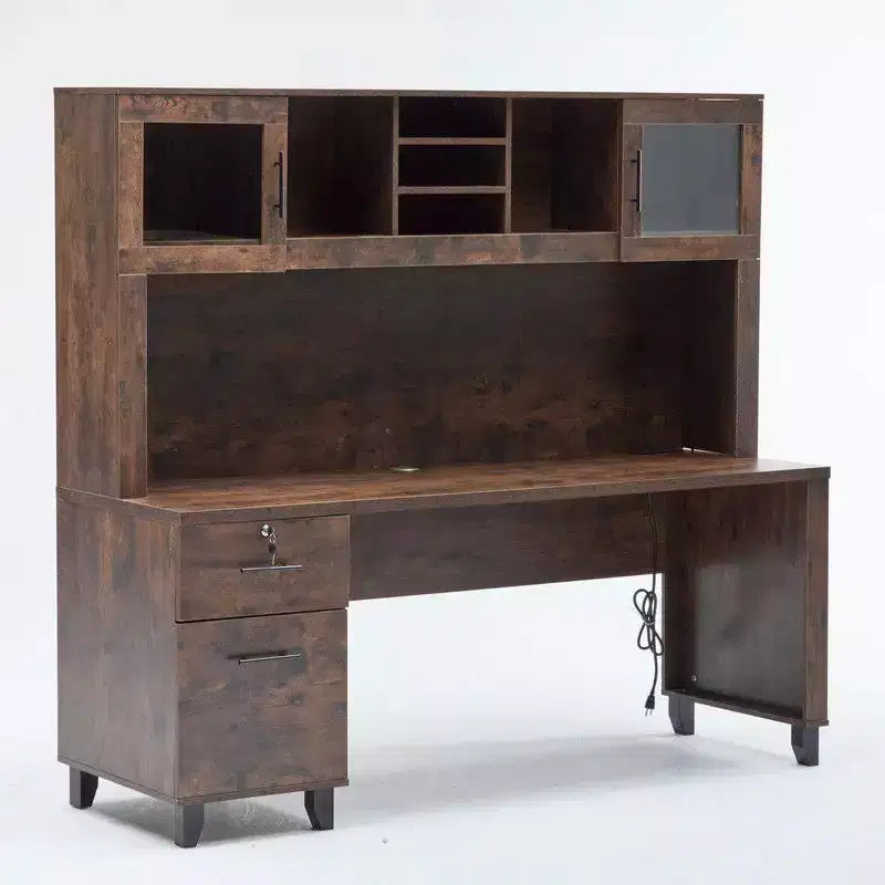 Bureau rustique avec classeur intégré et huche de rangement, tiroir verrouillable, bureau d'ordinateur
