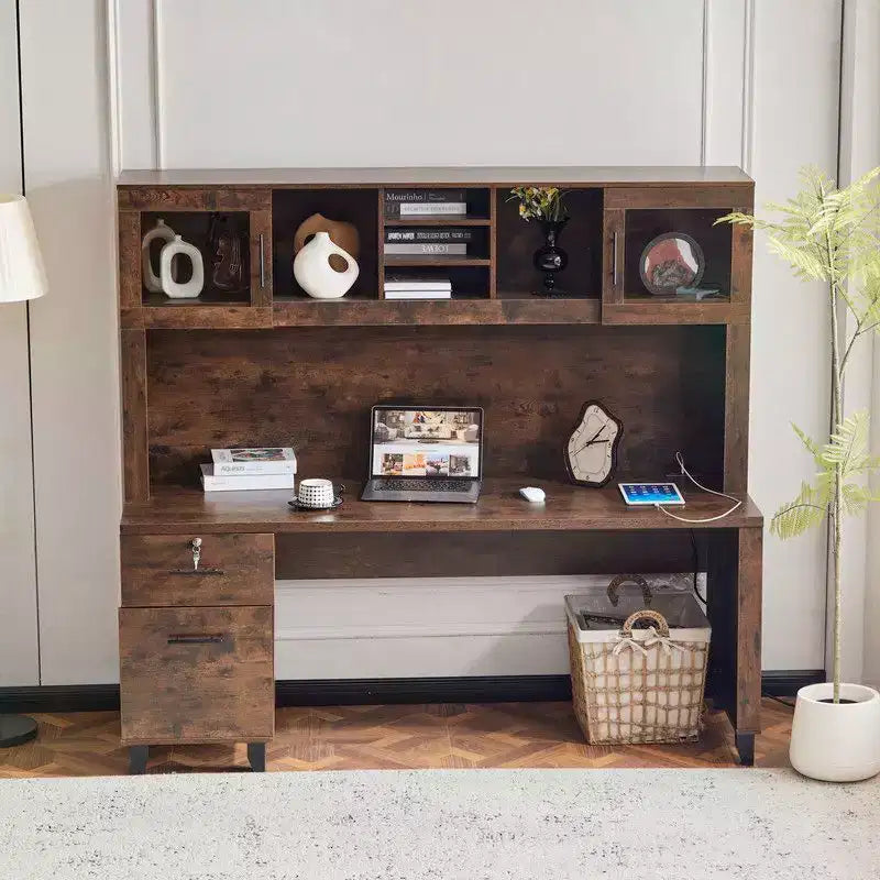 Bureau rustique avec classeur intégré et huche de rangement, tiroir verrouillable, bureau d'ordinateur