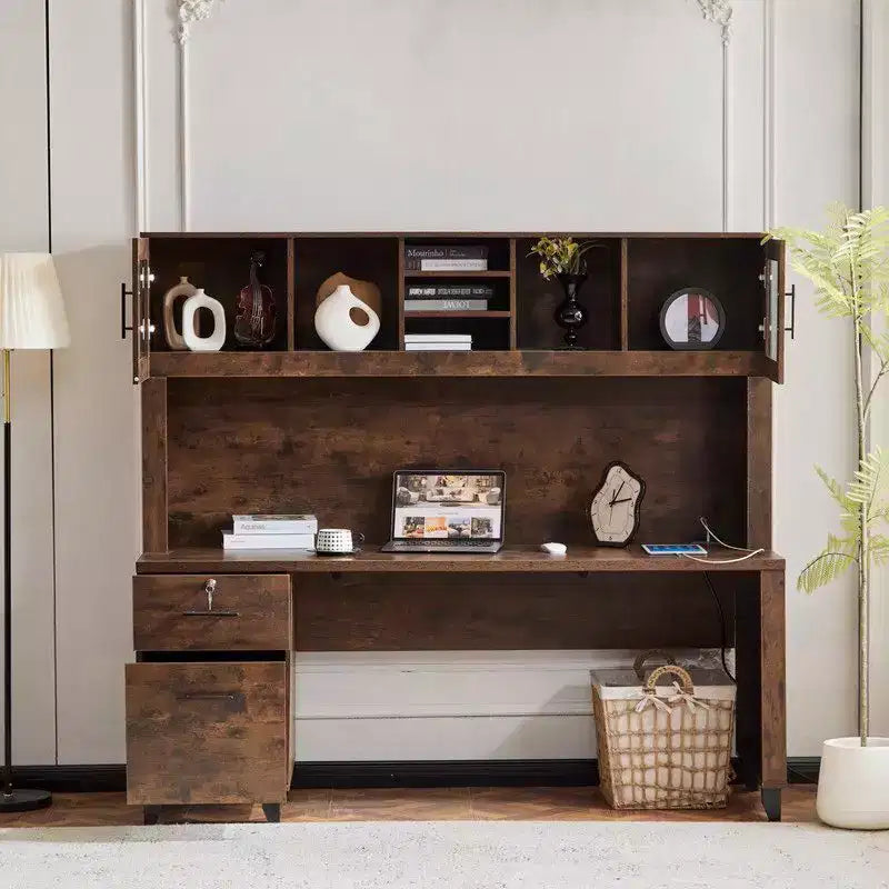 Bureau rustique avec classeur intégré et huche de rangement, tiroir verrouillable, bureau d'ordinateur