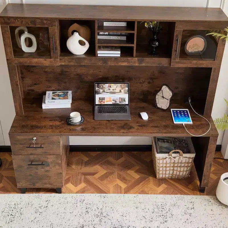 Bureau rustique avec classeur intégré et huche de rangement, tiroir verrouillable, bureau d'ordinateur