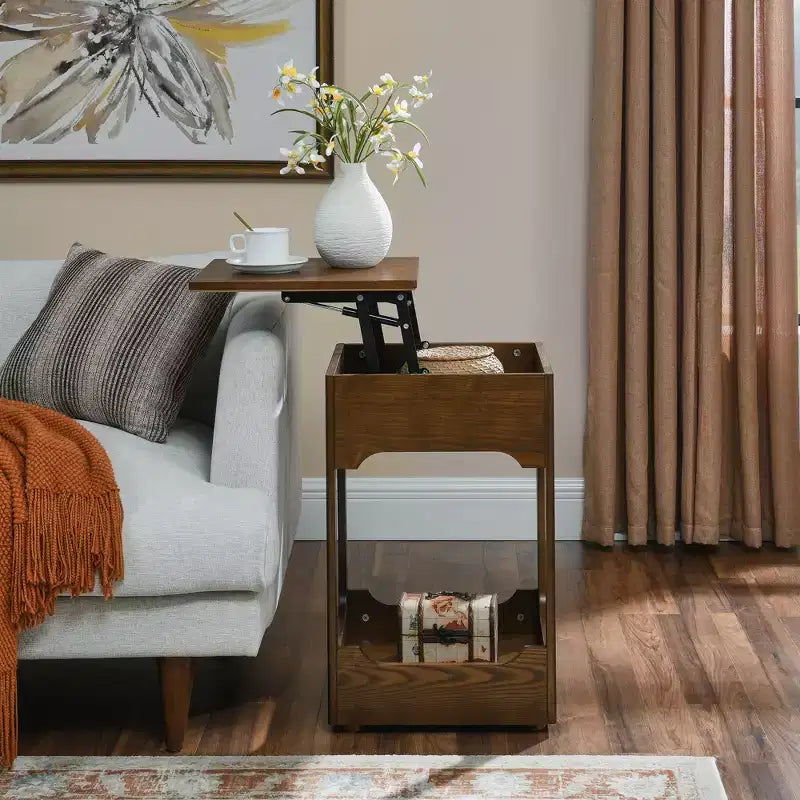 Table d'appoint en bois Mid-Century Modern avec plateau relevable et étagère de rangement