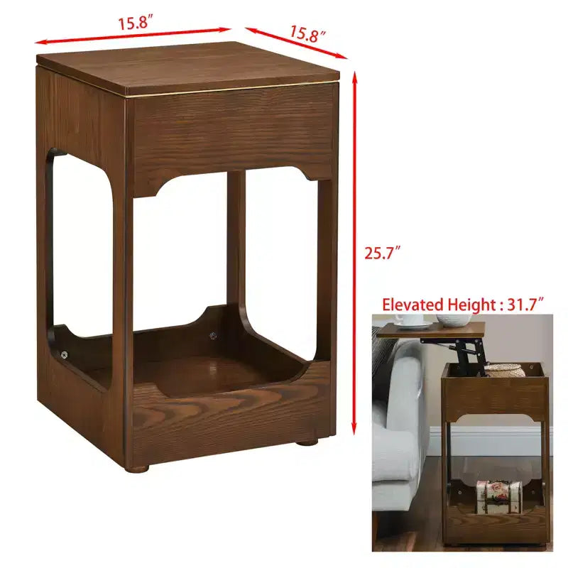 Table d'appoint en bois Mid-Century Modern avec plateau relevable et étagère de rangement