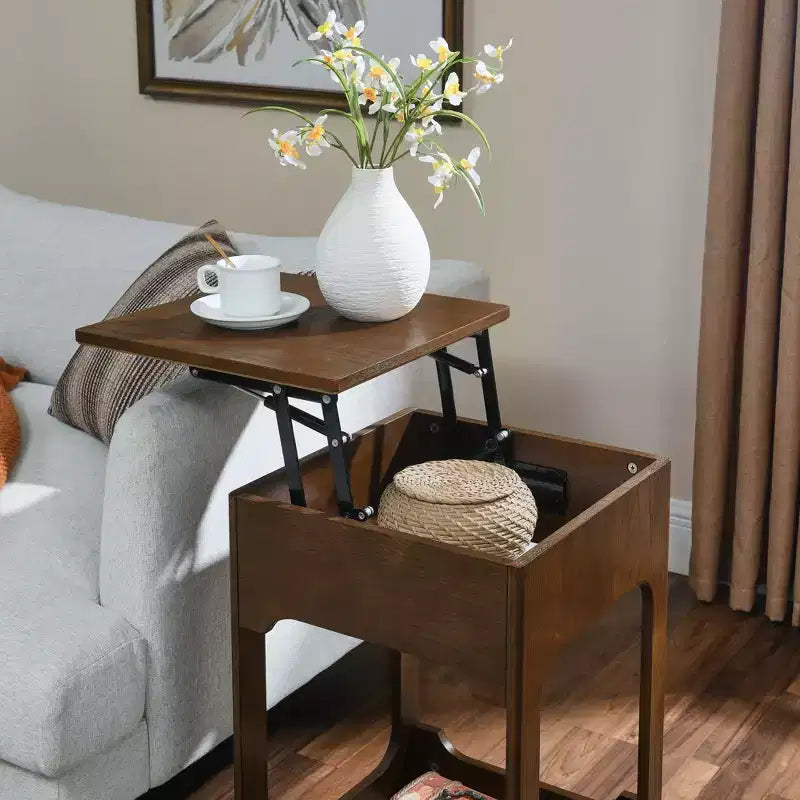 Table d'appoint en bois Mid-Century Modern avec plateau relevable et étagère de rangement