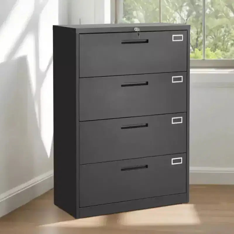 Classeur métallique à 4 tiroirs, classeur vertical avec serrure et tringle de suspension réglable, armoire de rangement haute, noir