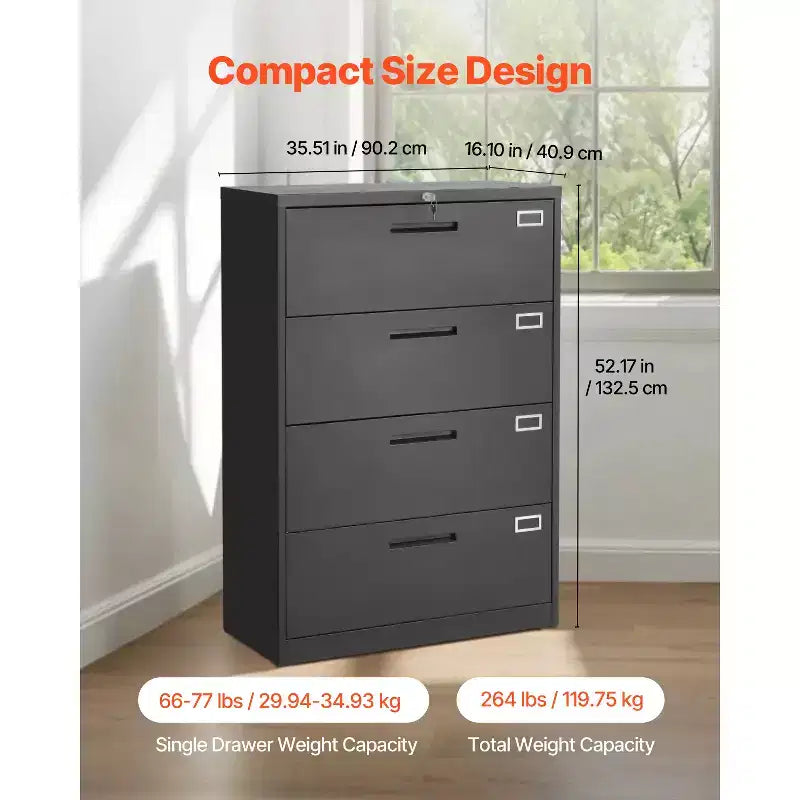 Classeur métallique à 4 tiroirs, classeur vertical avec serrure et tringle de suspension réglable, armoire de rangement haute, noir