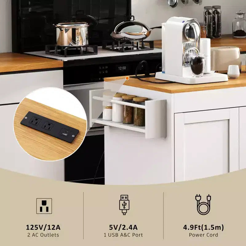 Îlot de cuisine avec table à manger, 3 tiroirs, prise de courant, roulettes avec porte-épices et armoire à 2 portes, blanc