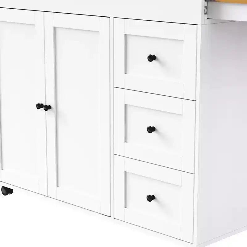 Îlot de cuisine avec table à manger, 3 tiroirs, prise de courant, roulettes avec porte-épices et armoire à 2 portes, blanc