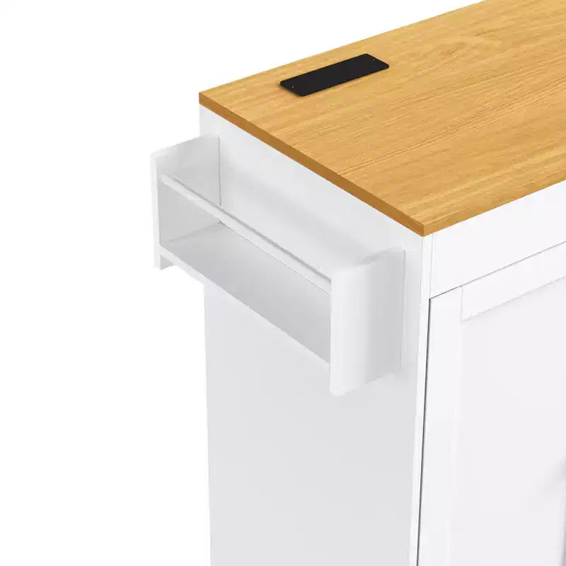 Îlot de cuisine avec table à manger, 3 tiroirs, prise de courant, roulettes avec porte-épices et armoire à 2 portes, blanc