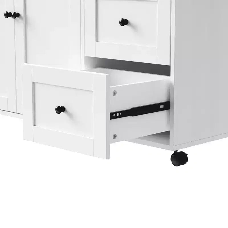 Îlot de cuisine avec table à manger, 3 tiroirs, prise de courant, roulettes avec porte-épices et armoire à 2 portes, blanc