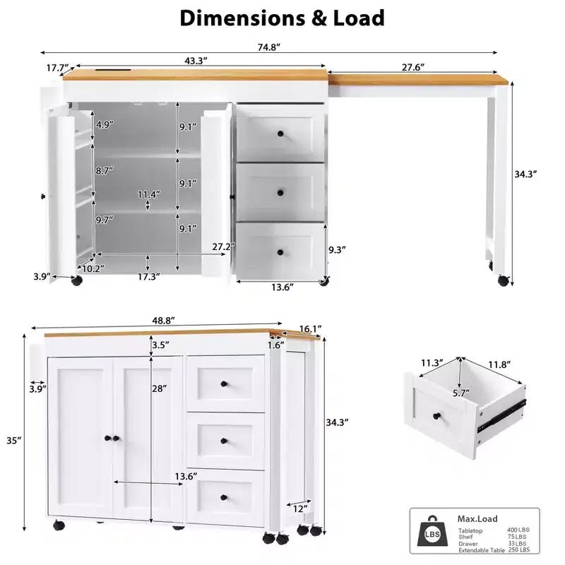 Îlot de cuisine avec table à manger, 3 tiroirs, prise de courant, roulettes avec porte-épices et armoire à 2 portes, blanc