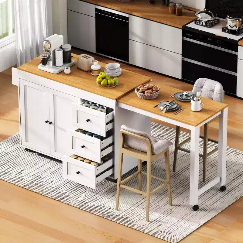 Îlot de cuisine avec table à manger, 3 tiroirs, prise de courant, roulettes avec porte-épices et armoire à 2 portes, blanc
