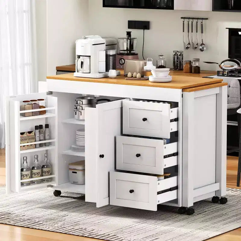 Îlot de cuisine avec table à manger, 3 tiroirs, prise de courant, roulettes avec porte-épices et armoire à 2 portes, blanc