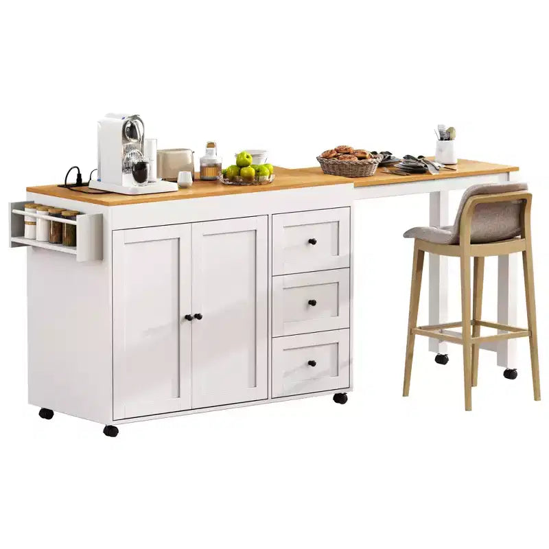 Îlot de cuisine avec table à manger, 3 tiroirs, prise de courant, roulettes avec porte-épices et armoire à 2 portes, blanc