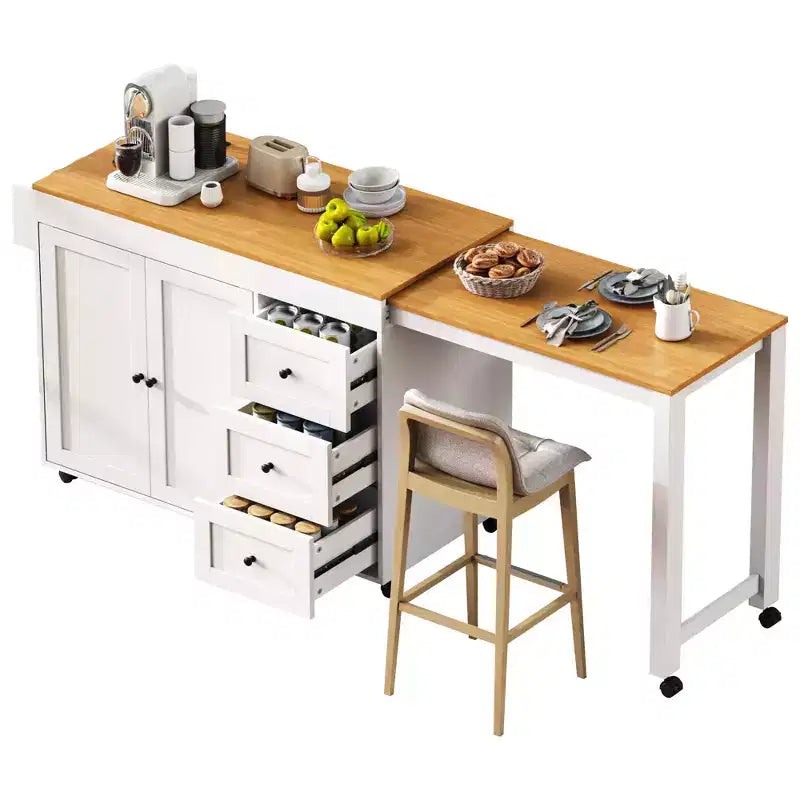 Îlot de cuisine avec table à manger, 3 tiroirs, prise de courant, roulettes avec porte-épices et armoire à 2 portes, blanc