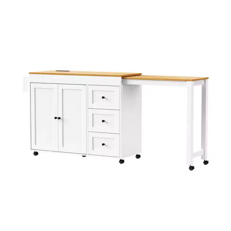 Îlot de cuisine avec table à manger, 3 tiroirs, prise de courant, roulettes avec porte-épices et armoire à 2 portes, blanc