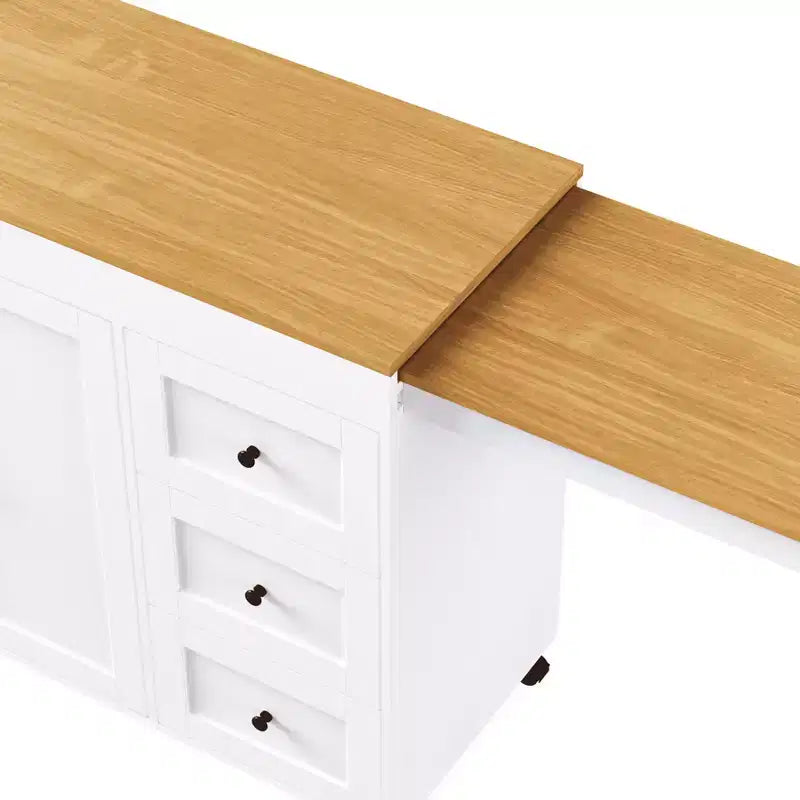 Îlot de cuisine avec table à manger, 3 tiroirs, prise de courant, roulettes avec porte-épices et armoire à 2 portes, blanc