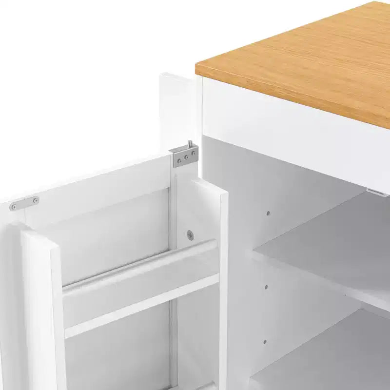 Îlot de cuisine avec table à manger, 3 tiroirs, prise de courant, roulettes avec porte-épices et armoire à 2 portes, blanc