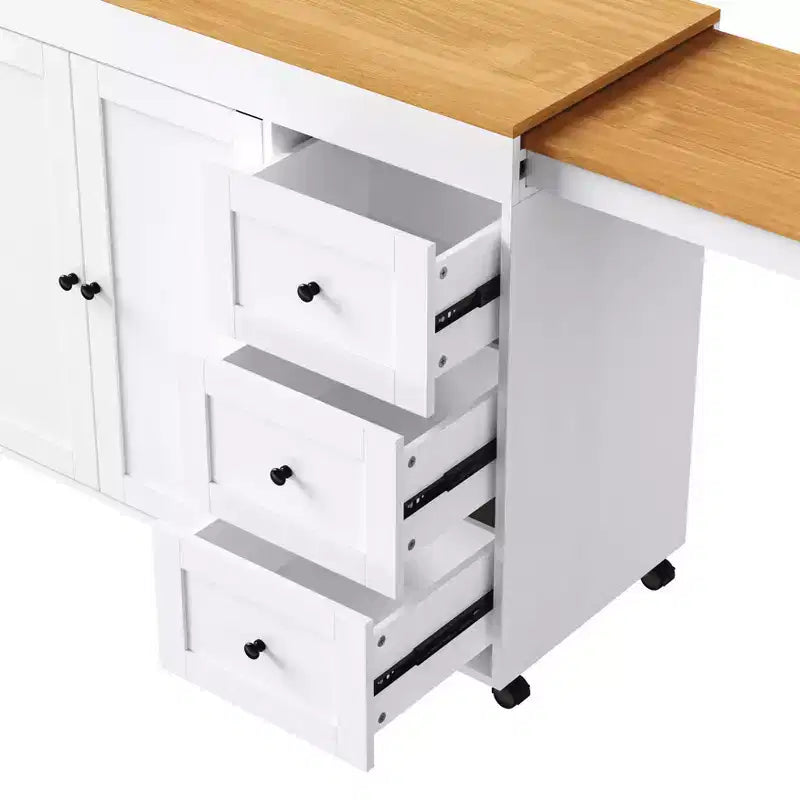 Îlot de cuisine avec table à manger, 3 tiroirs, prise de courant, roulettes avec porte-épices et armoire à 2 portes, blanc