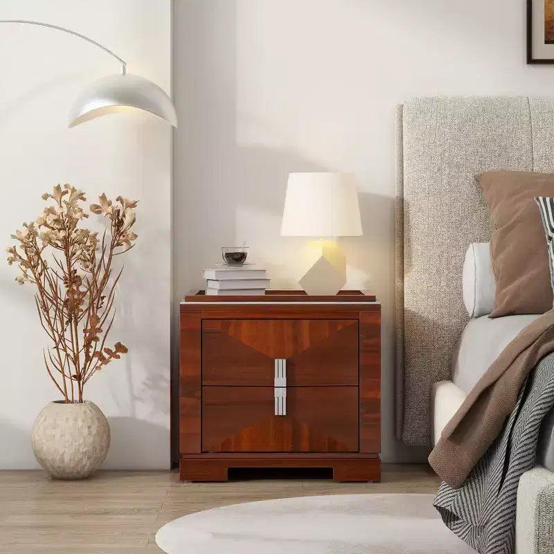 Table de chevet moderne du milieu du siècle en bois avec 2 tiroirs