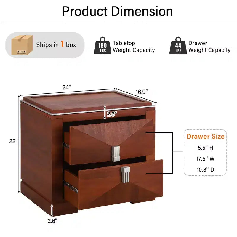 Table de chevet moderne du milieu du siècle en bois avec 2 tiroirs