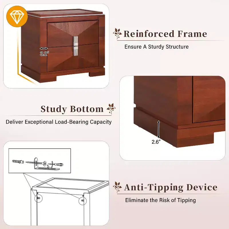Table de chevet moderne du milieu du siècle en bois avec 2 tiroirs