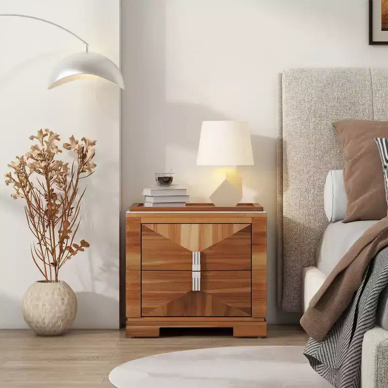 Table de chevet moderne du milieu du siècle en bois avec 2 tiroirs