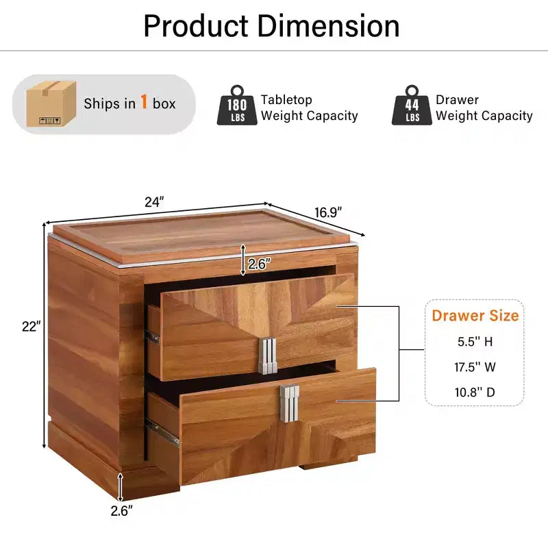 Table de chevet moderne du milieu du siècle en bois avec 2 tiroirs