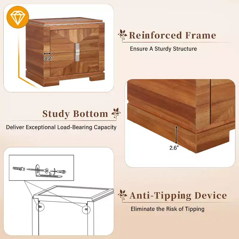 Table de chevet moderne du milieu du siècle en bois avec 2 tiroirs