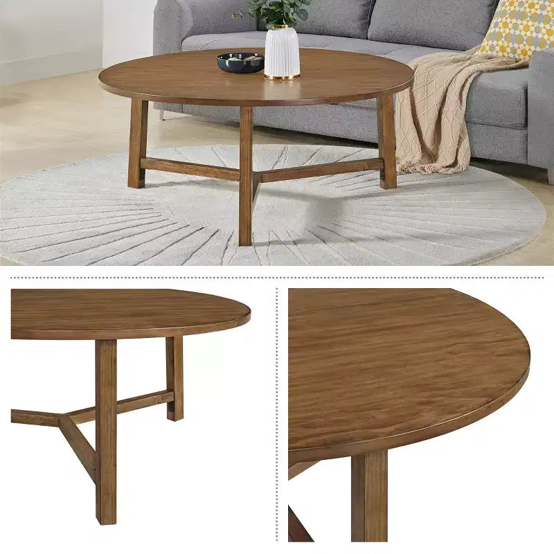 Table basse ronde de 112 cm, Table de salon en bois massif style ferme, Finition Noyer Américain