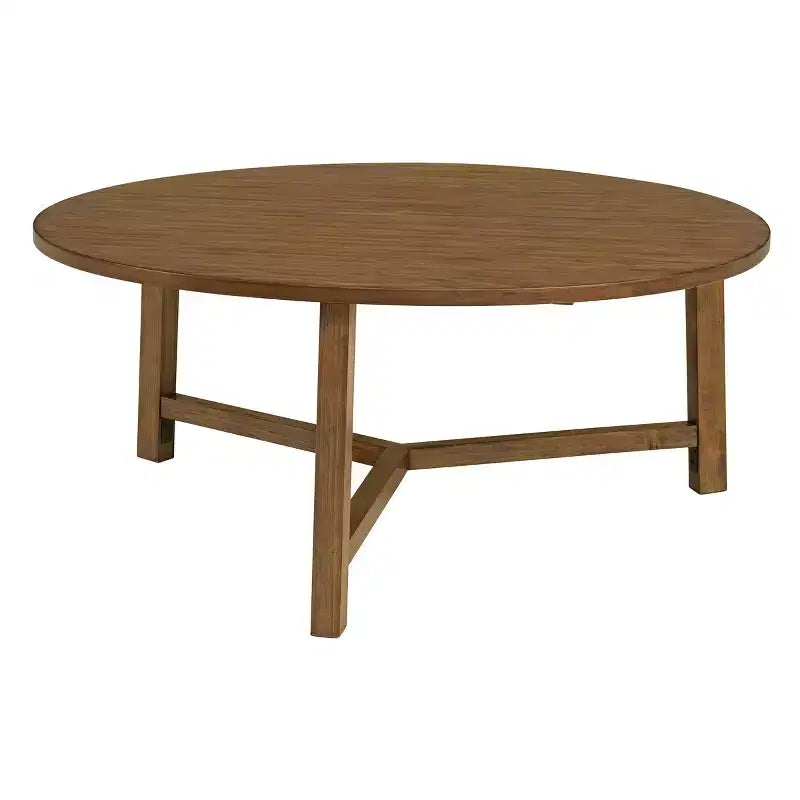 Table basse ronde de 112 cm, Table de salon en bois massif style ferme, Finition Noyer Américain