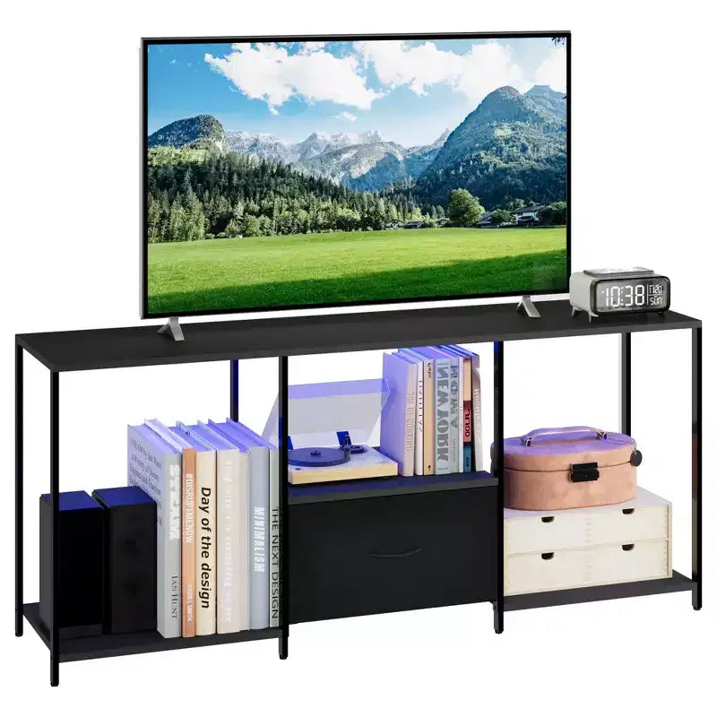 Meuble TV 46" avec LED, meuble de divertissement pour téléviseurs 55", meuble TV avec étagères de rangement, commode longue, pour chambre à coucher, salon, bureau, noir